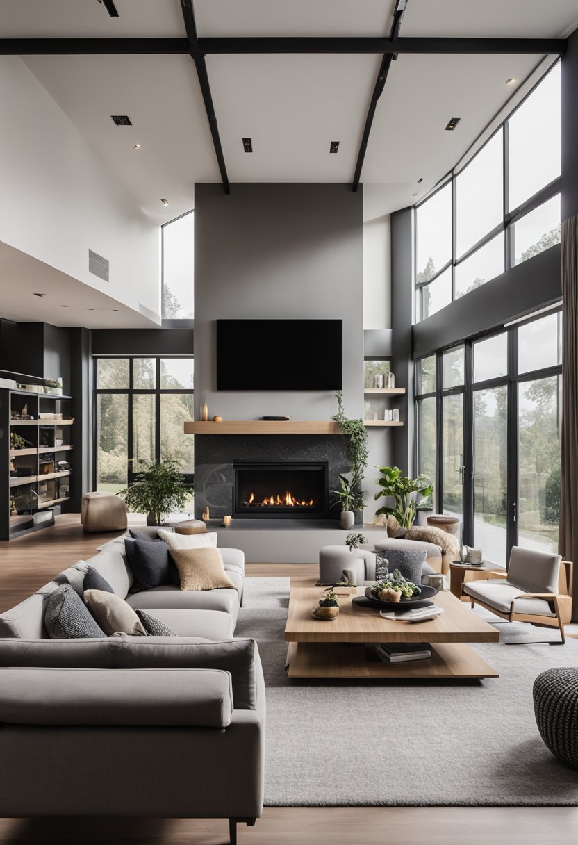 A spacious living room in a big home with large windows, high ceilings, and comfortable furniture arranged around a fireplace