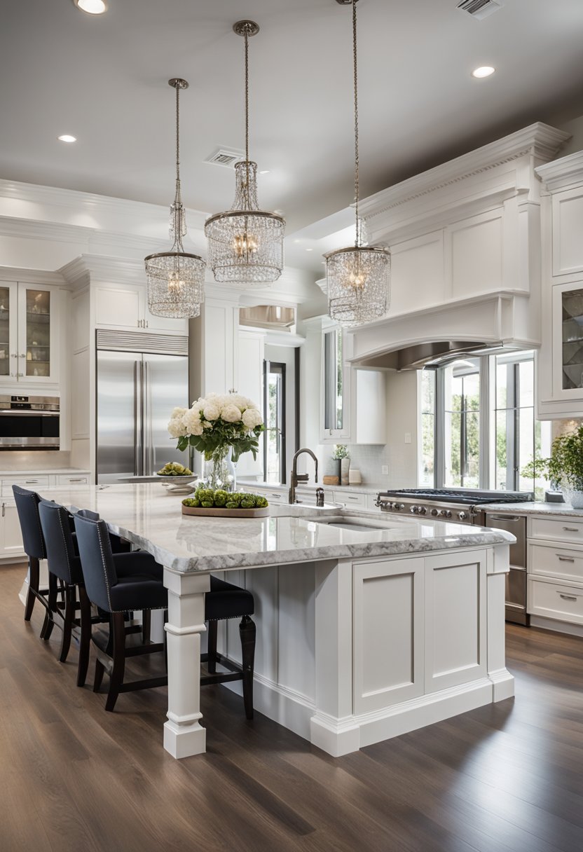 A grand, marble-topped kitchen island dominates the center of a spacious, high-end home kitchen, surrounded by gleaming stainless steel appliances and elegant cabinetry