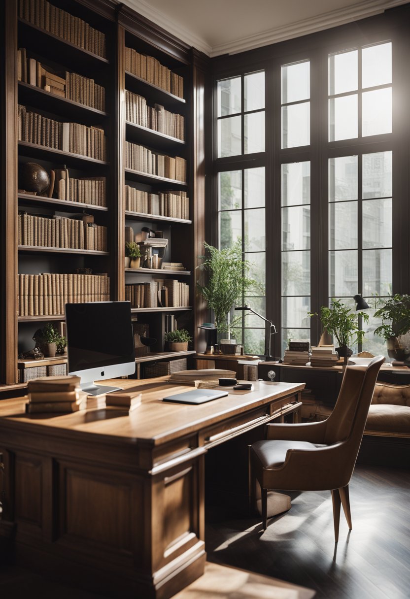 A spacious home office with large windows, a grand desk, and bookshelves filled with books and decorative items