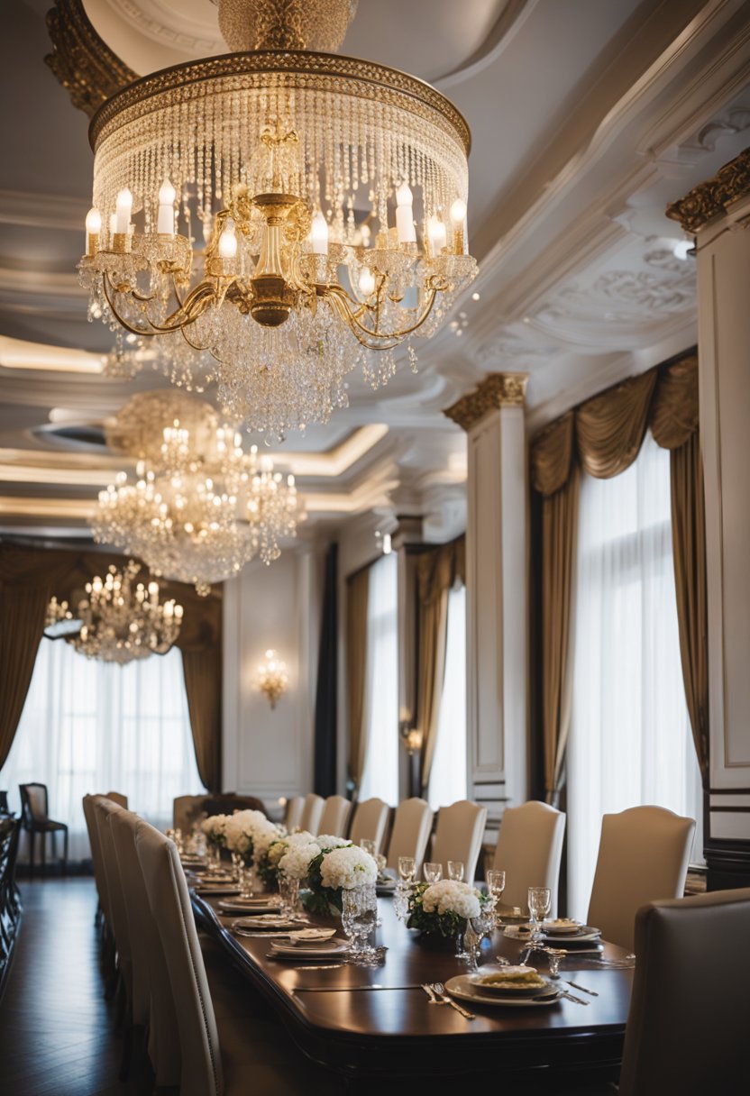 A grand formal dining room with ornate chandelier, long table, and high-backed chairs