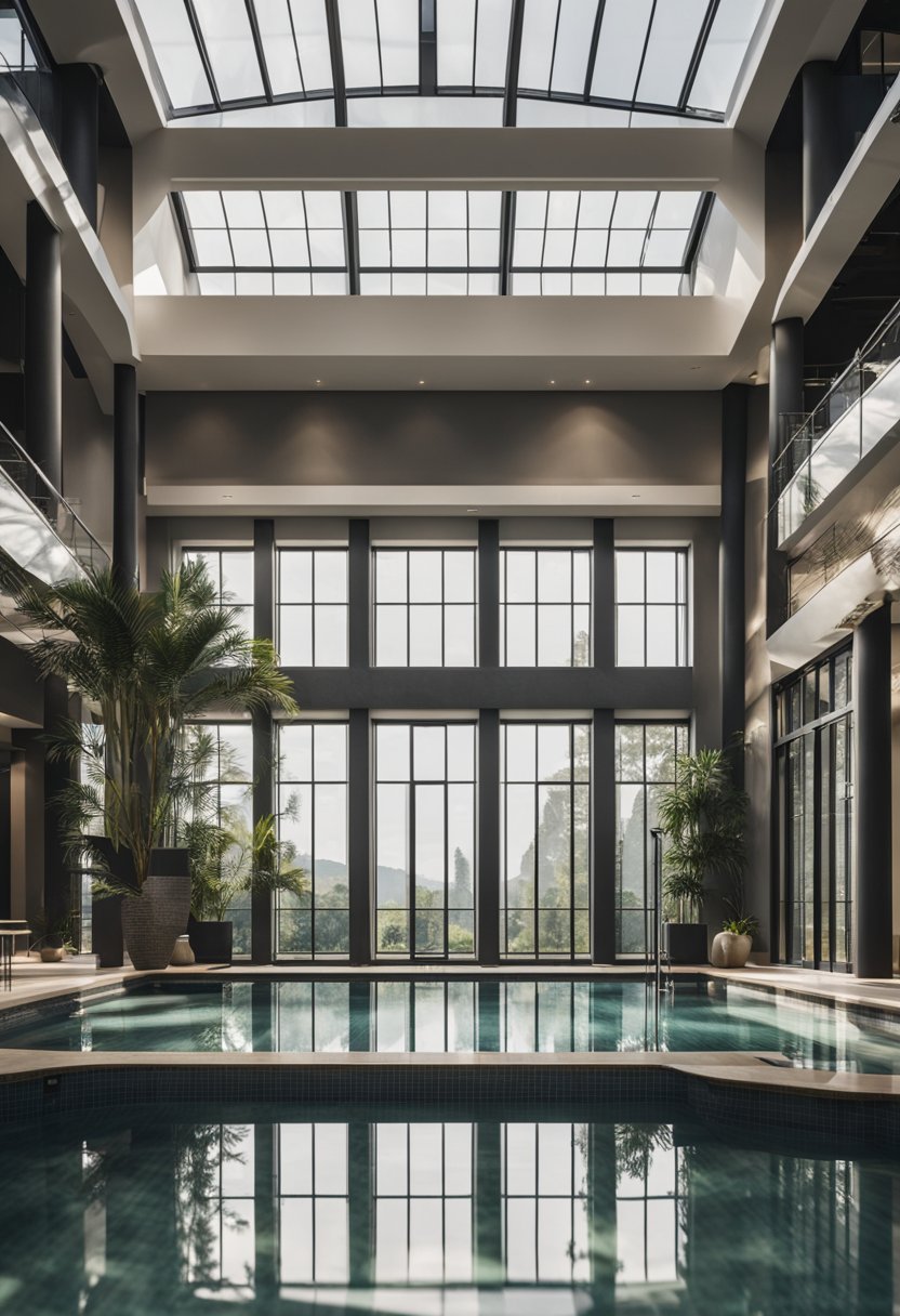 A spacious indoor swimming pool in a luxurious home with high ceilings, large windows, and elegant decor