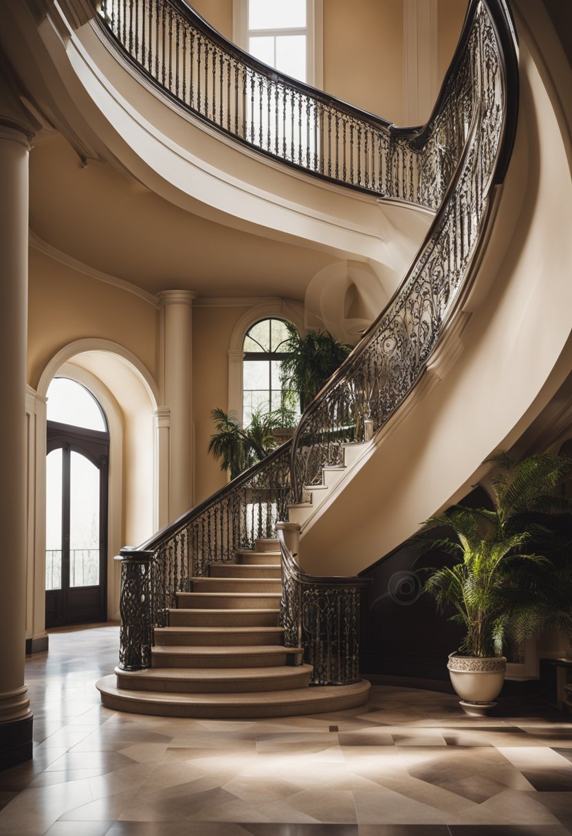 A grand spiral staircase in a large home