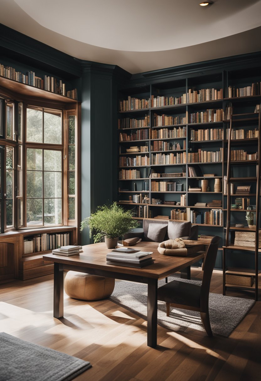 A cozy home library with big windows and comfortable seating