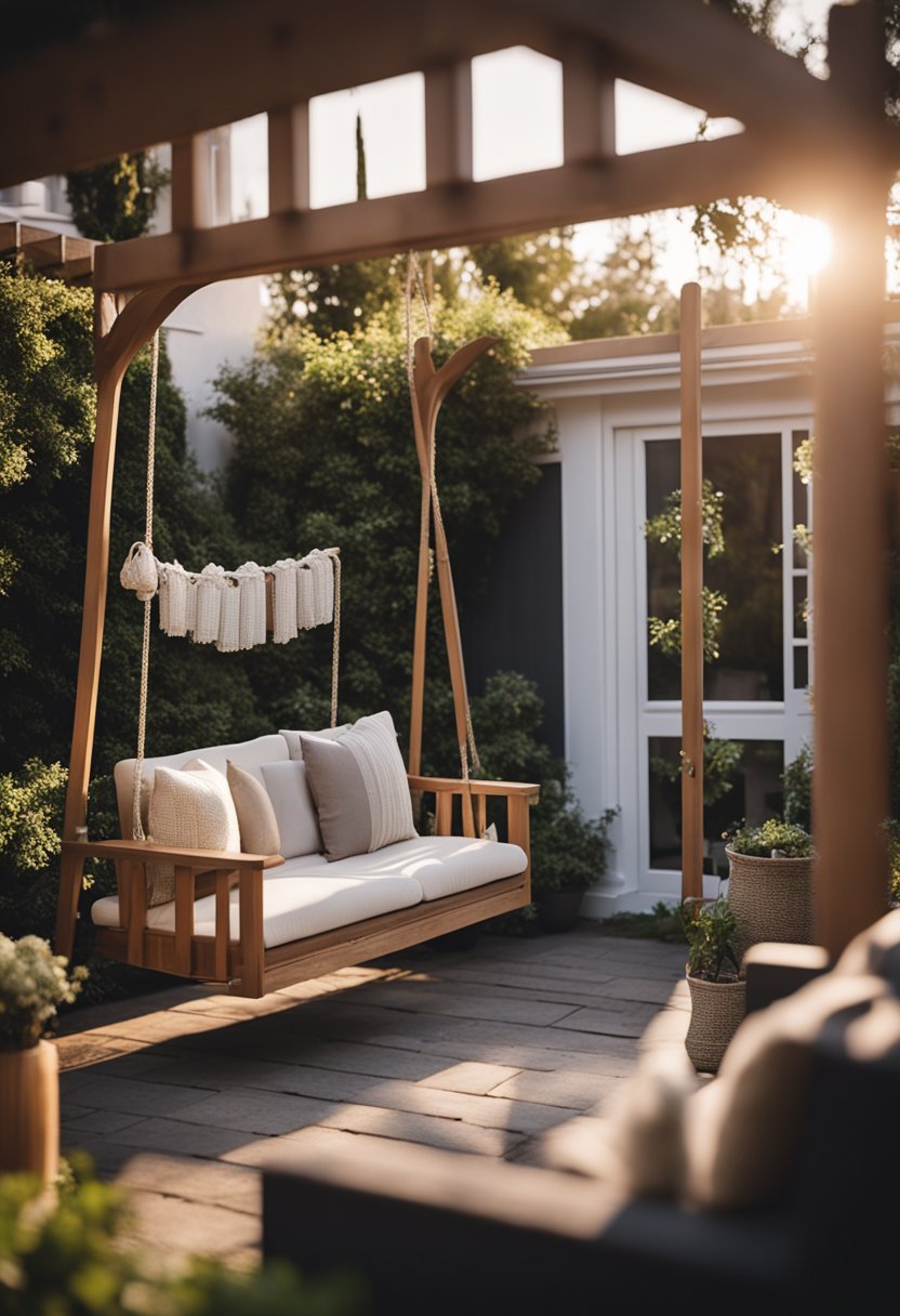 A cozy living room with a fireplace, comfortable furniture, and soft lighting. Outside, a small garden with a picket fence and a swing hanging from a tree