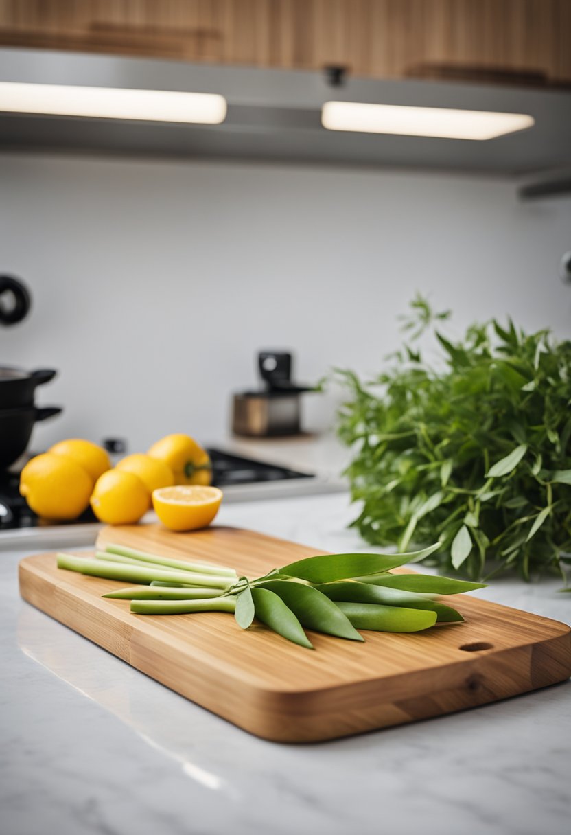 A bamboo cutting board sits on a simple kitchen counter, ready for use