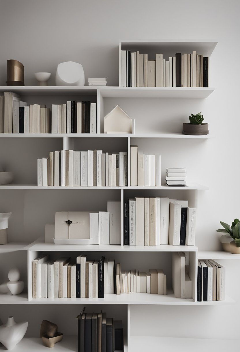 A sleek, white bookshelf against a clean, neutral wall. Sparse, carefully arranged books and decor. Simple, uncluttered home environment