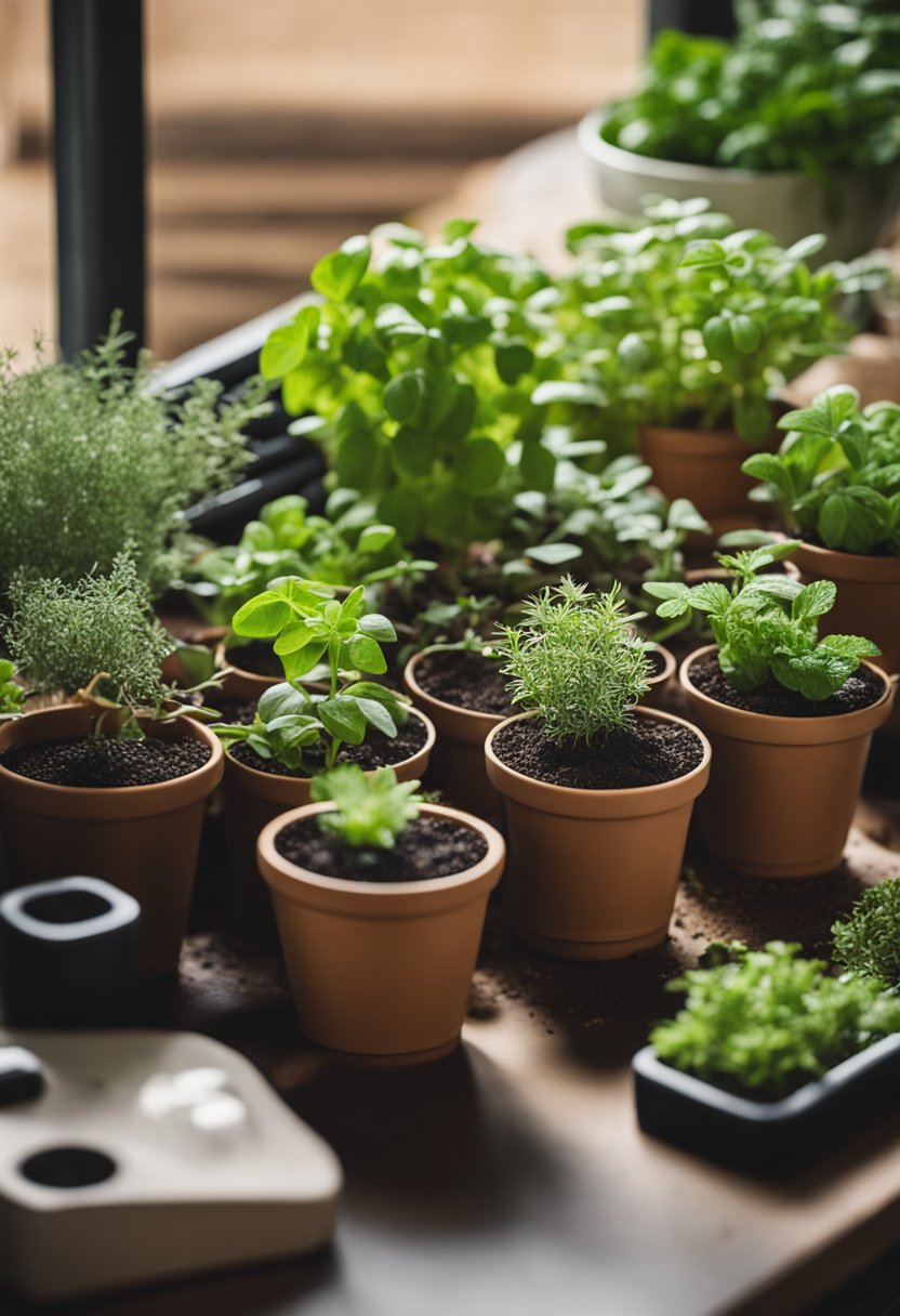 A simple indoor herb garden kit on a kitchen counter, with small pots, soil, and various herb seeds neatly arranged