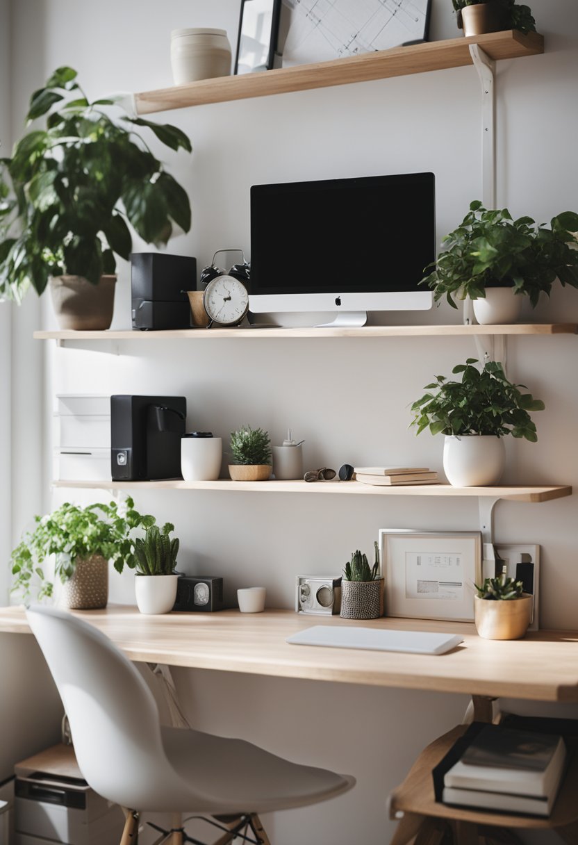 A simple wall-mounted desk in a cozy home setting