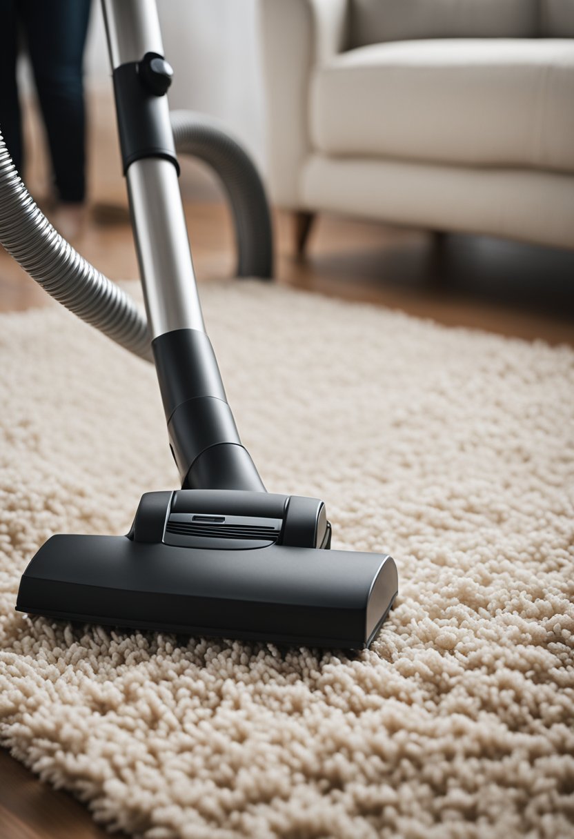 A vacuum cleaner effortlessly glides over a machine-washable rug in a simple home