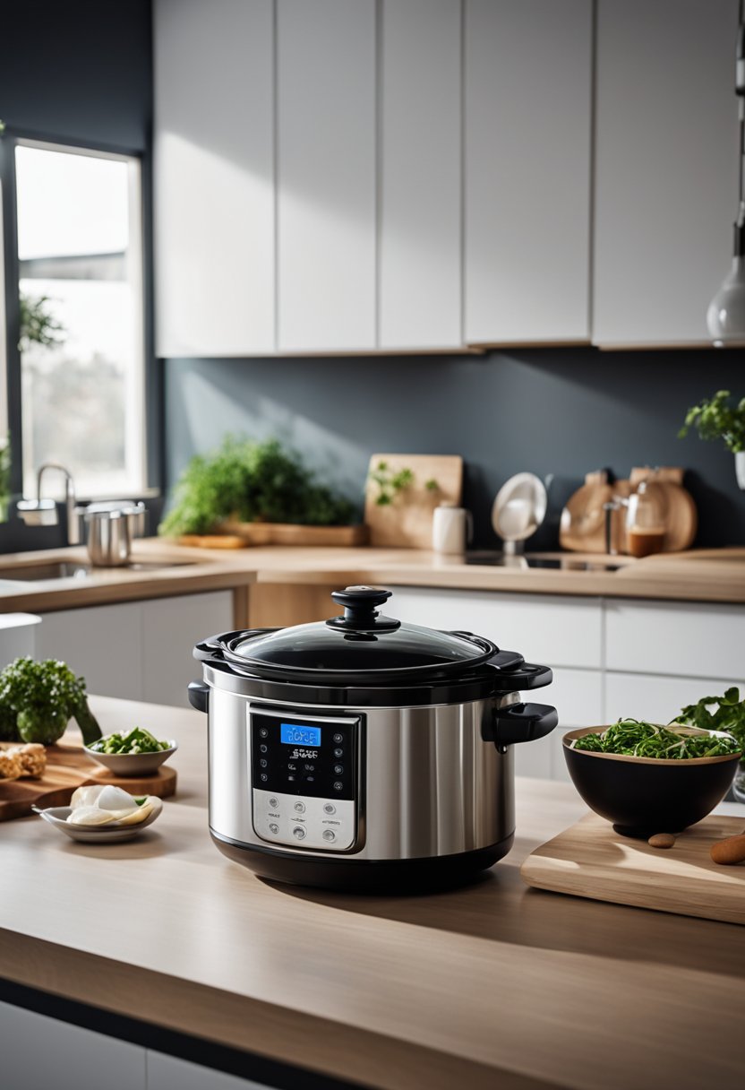 A modern kitchen with a multi-cook slow cooker on a clean countertop