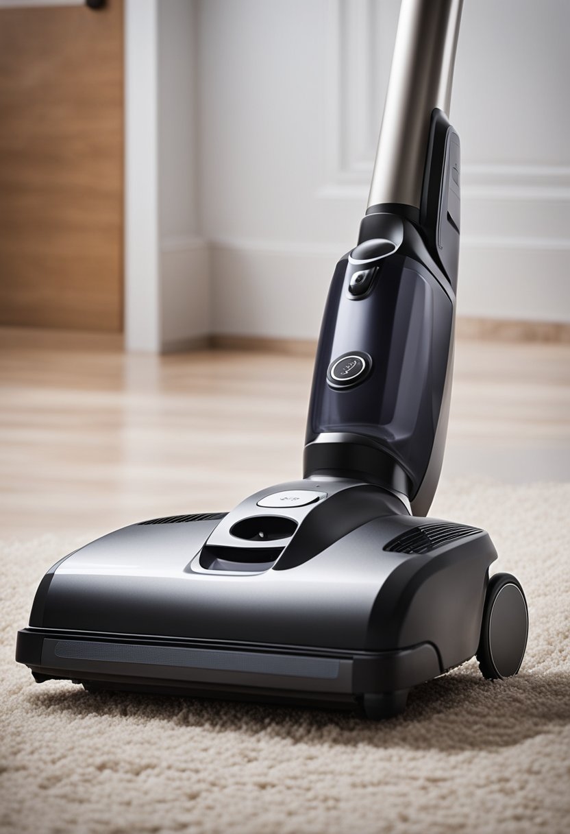 A cordless vacuum cleaner sits on a simple home floor, ready for use