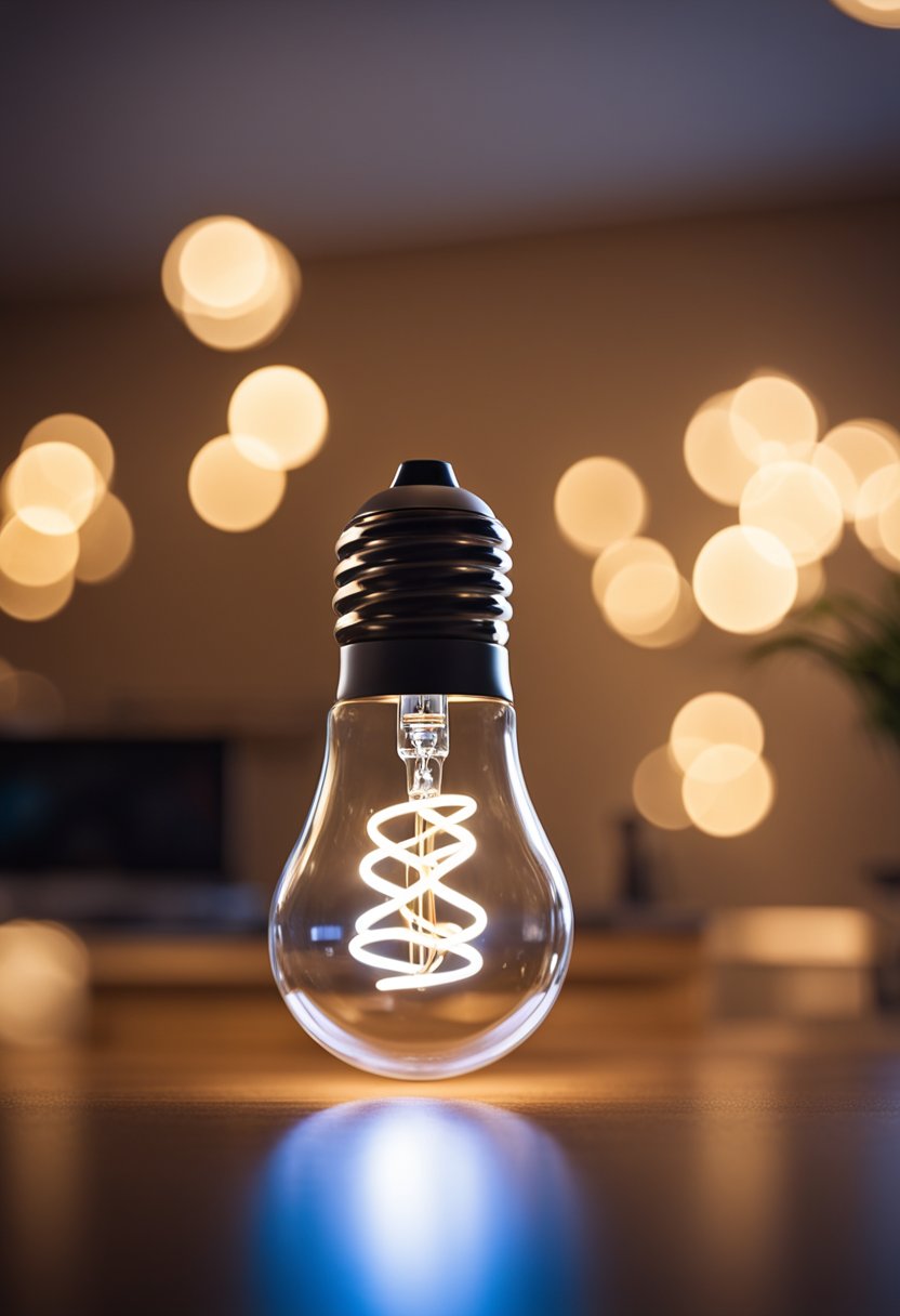 A cozy living room with a smart LED bulb illuminating the space, casting a warm and inviting glow