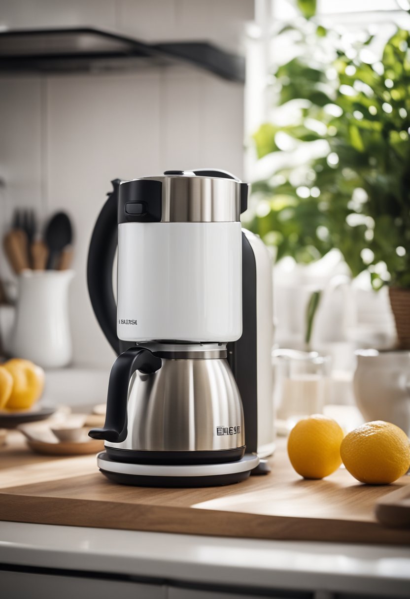 A simple electric kettle sits on a kitchen countertop in a cozy home