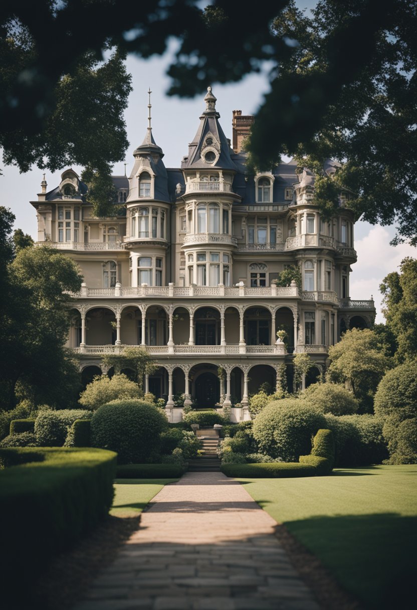 A grand Victorian-era mansion with ornate architecture and sprawling gardens