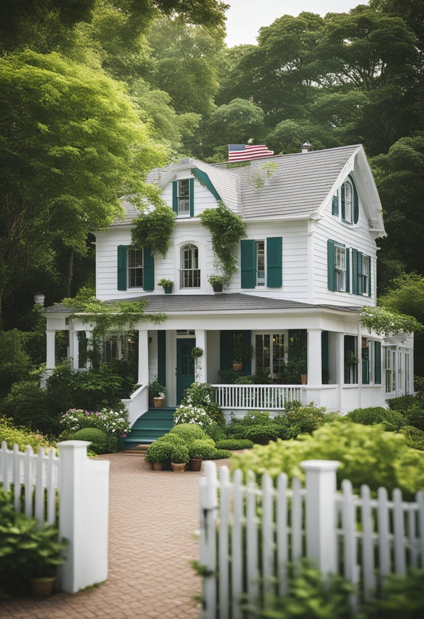 A charming Cape Cod cottage nestled among lush greenery with a white picket fence and a welcoming front porch