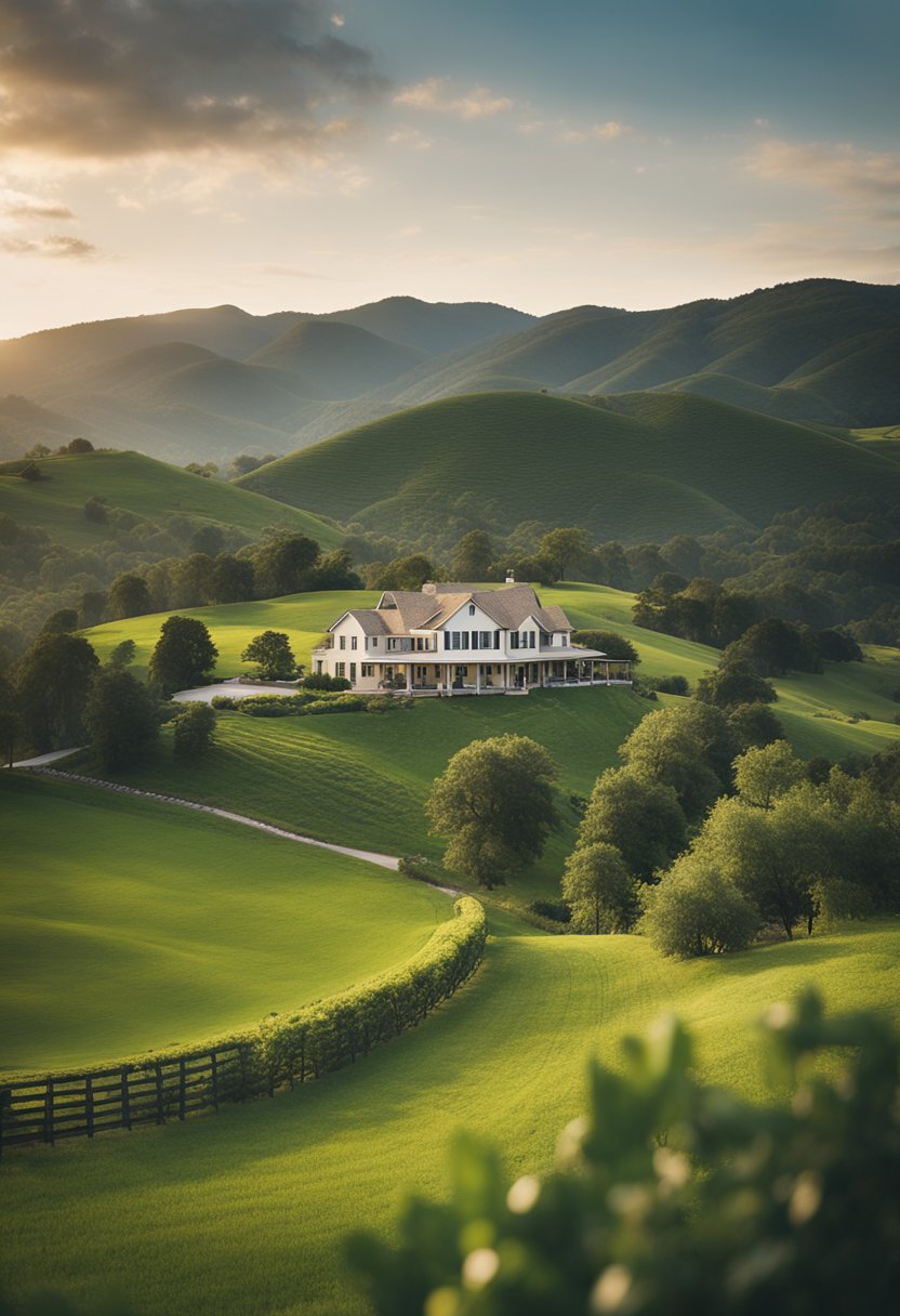 A sprawling ranch-style home nestled among rolling hills and surrounded by lush greenery