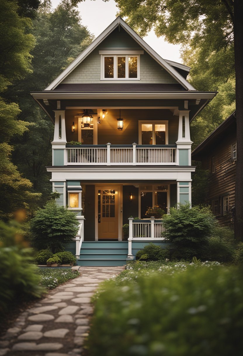 A cozy Craftsman Bungalow nestled among trees with a welcoming front porch and warm glow from the windows