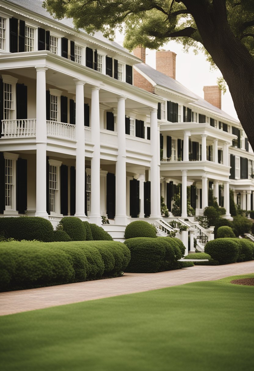 A row of stately Colonial Revival homes with manicured lawns and grand entrances