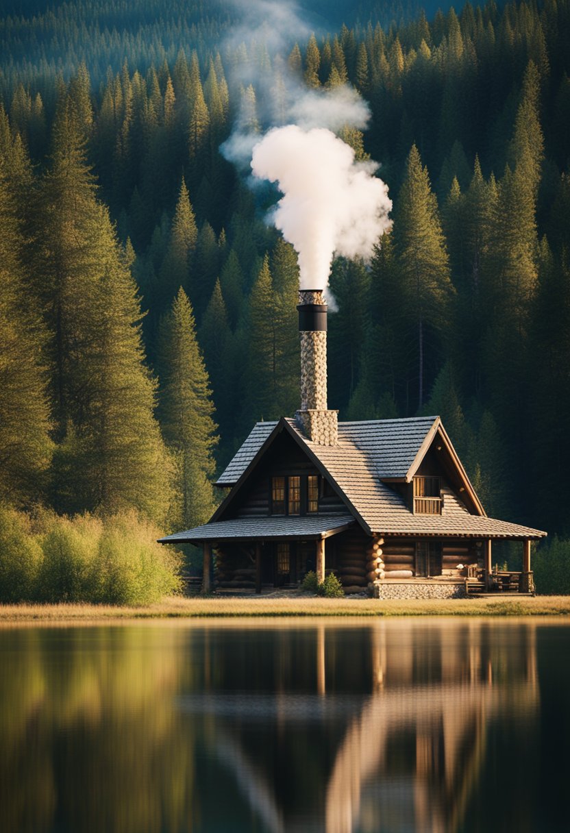 A cozy log cabin nestled in a forest clearing, smoke billowing from the stone chimney, surrounded by tall pine trees and a serene mountain backdrop