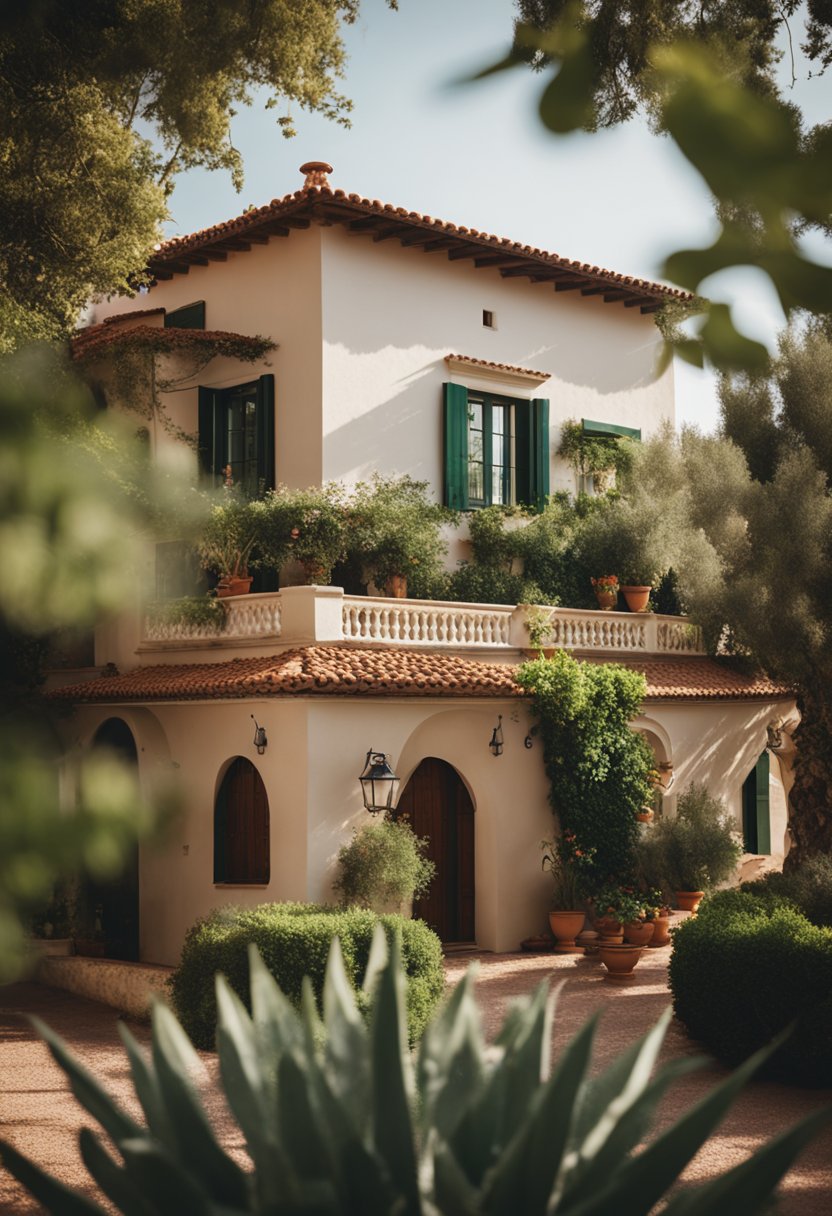 A Mediterranean villa nestled among lush gardens, with terracotta roof tiles and whitewashed walls