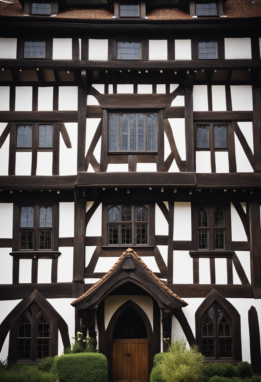 A classic Tudor residence with a steeply pitched roof, exposed timber framing, and leaded glass windows nestled in a picturesque setting