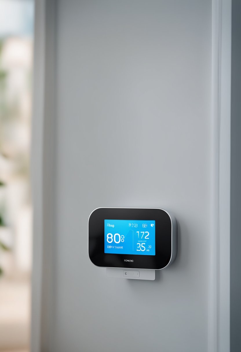 A modern smart thermostat installed in a new home, mounted on a clean white wall with a digital display and sleek design