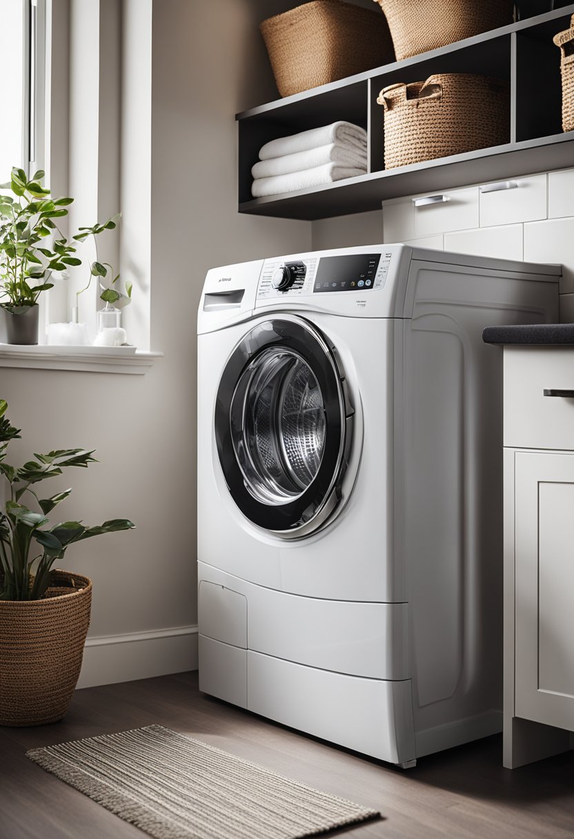 A modern, energy-efficient washer installed in a new home laundry room