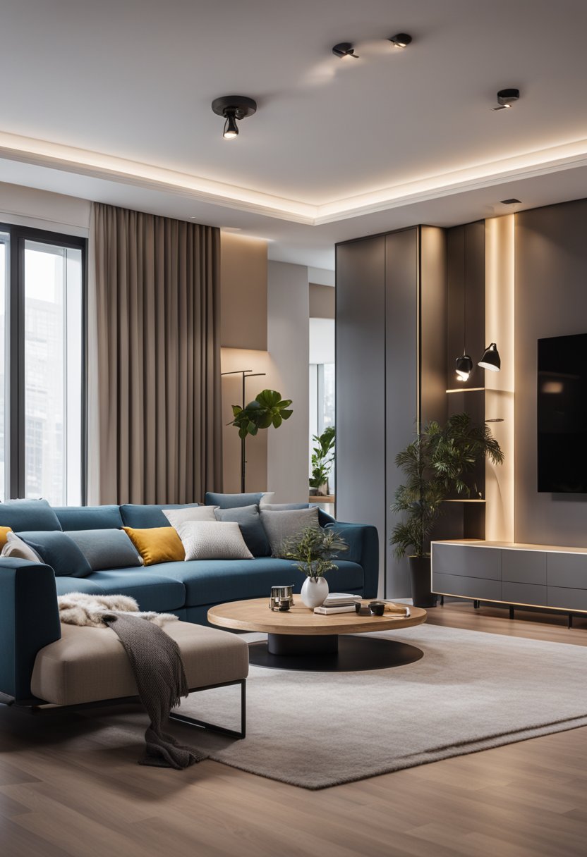 A modern living room with voice-activated lights, thermostat, and security camera