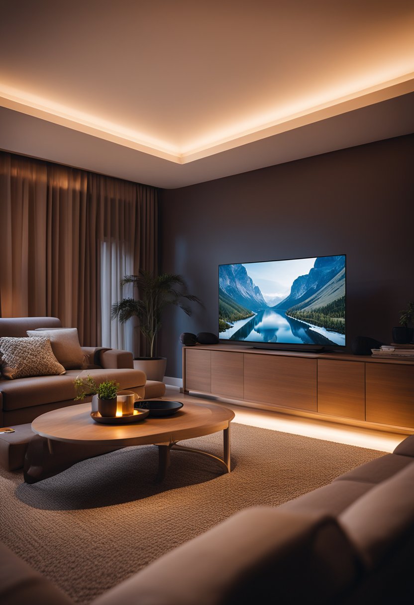 A cozy living room with Philips Hue Smart Bulbs casting warm, ambient light, creating a comfortable and modern smart home atmosphere