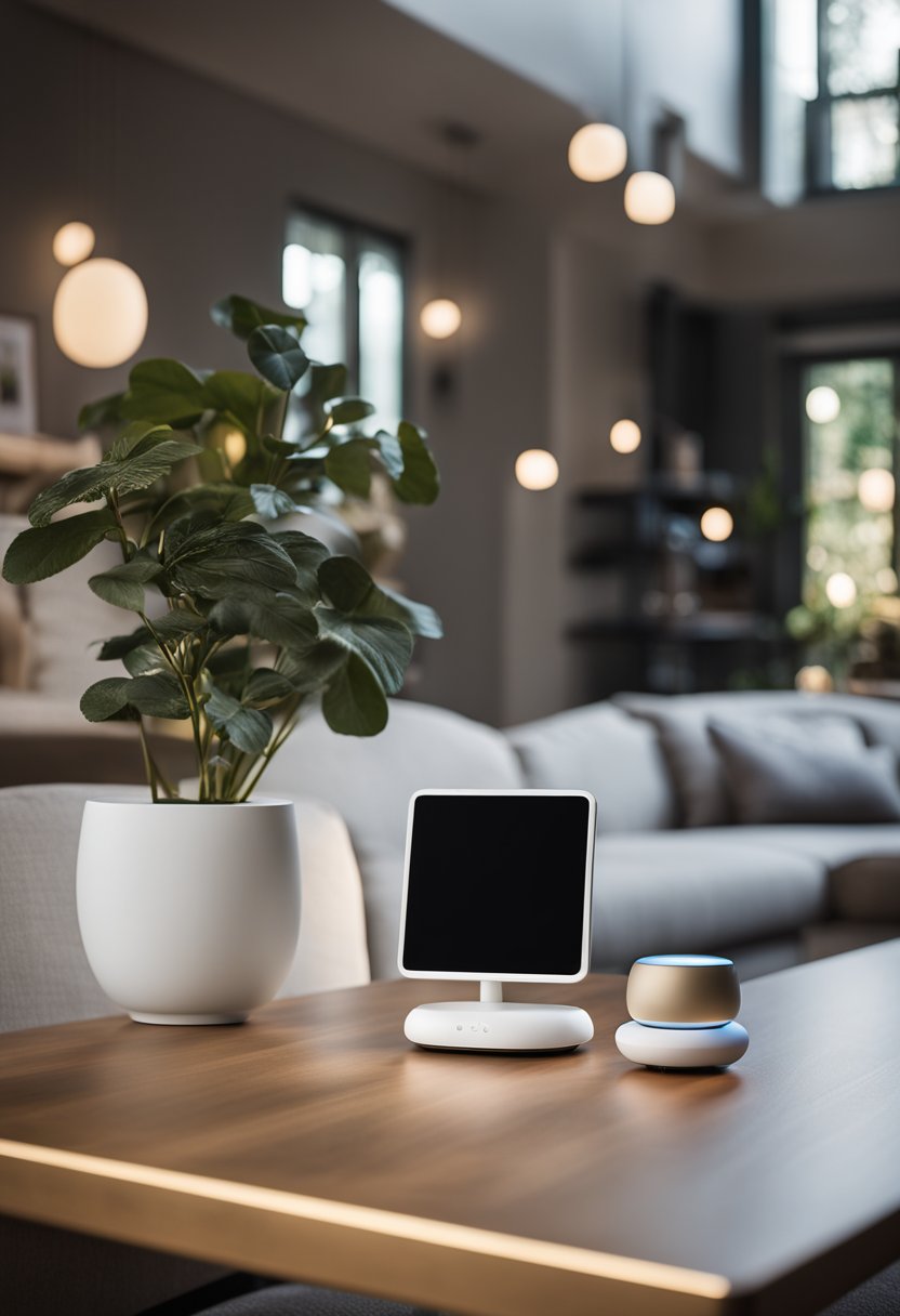 A modern living room with a Google Nest Hub on a sleek, minimalist table, surrounded by smart home devices and ambient lighting