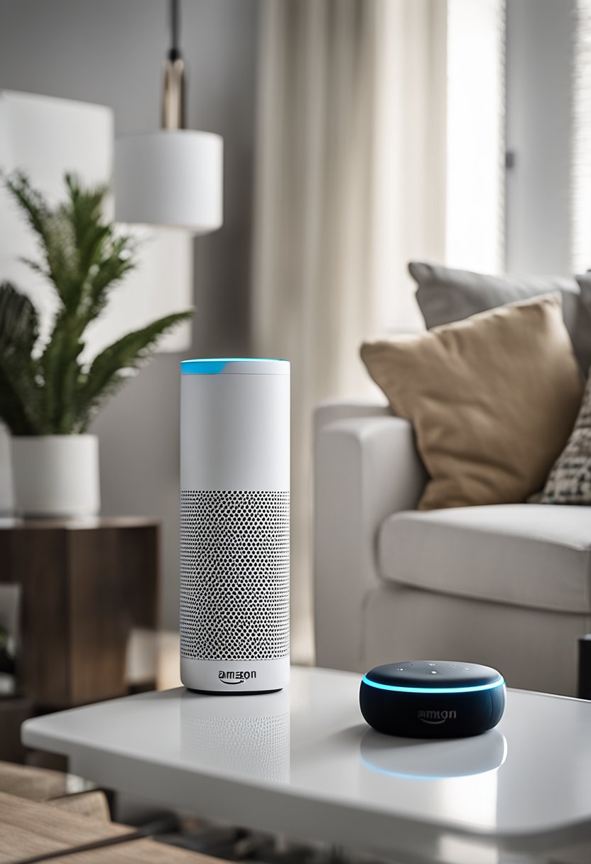 A modern living room with a sleek Amazon Echo (4th Gen) sitting on a contemporary side table, surrounded by other smart home devices and minimalist decor