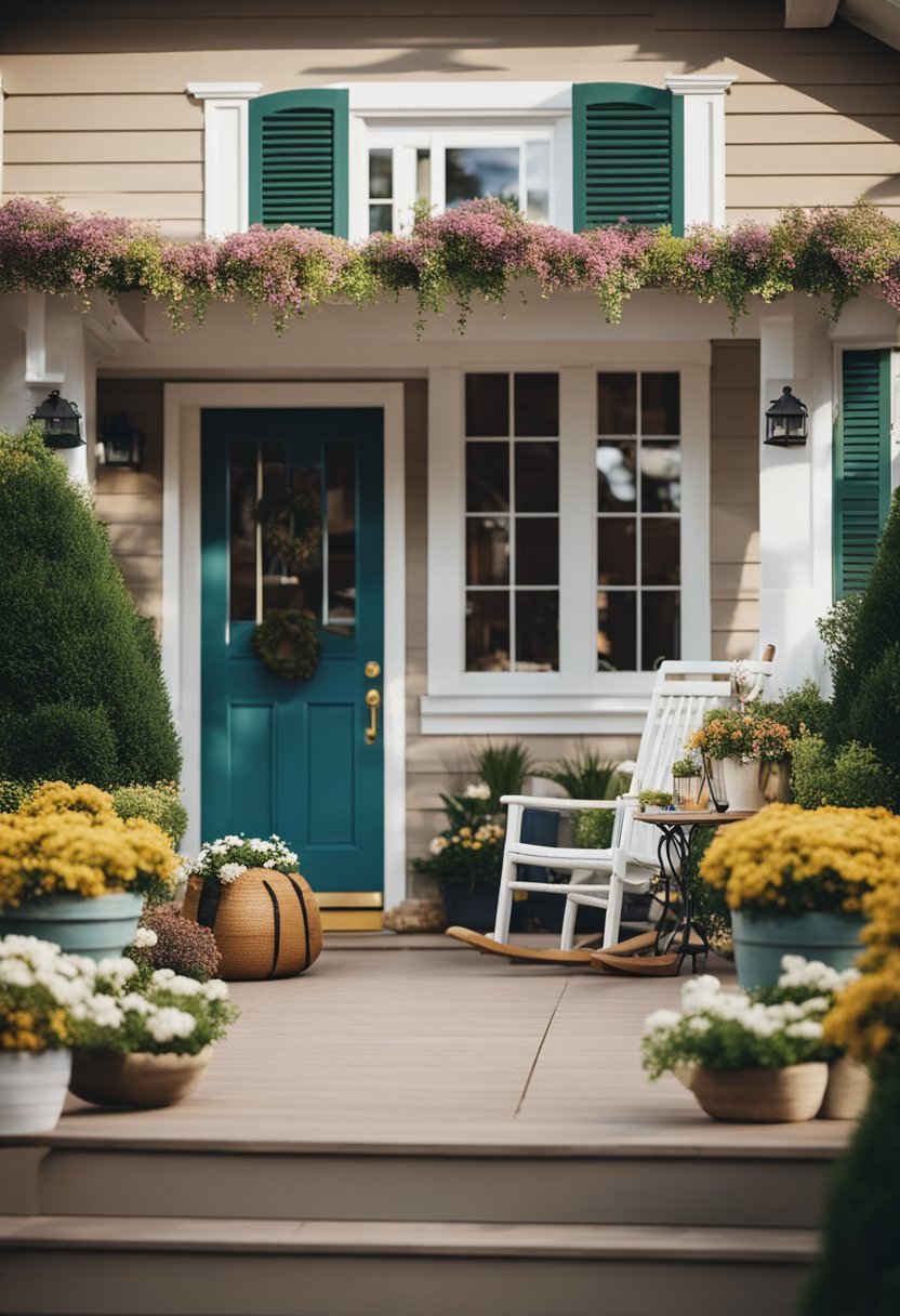 A cozy home front with a welcoming porch, a neatly manicured garden, and a warm, inviting atmosphere