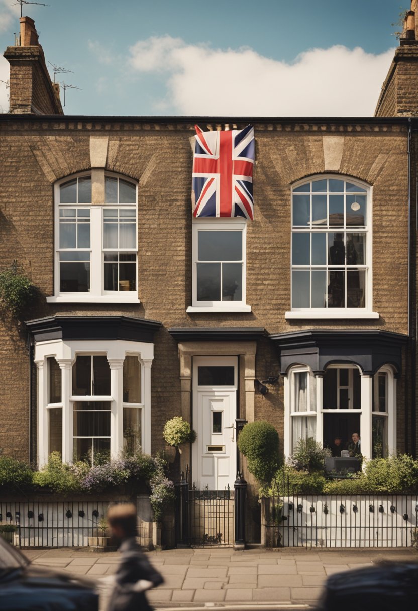 A stoic British home front scene with a vintage poster, Union Jack, and people going about their daily activities