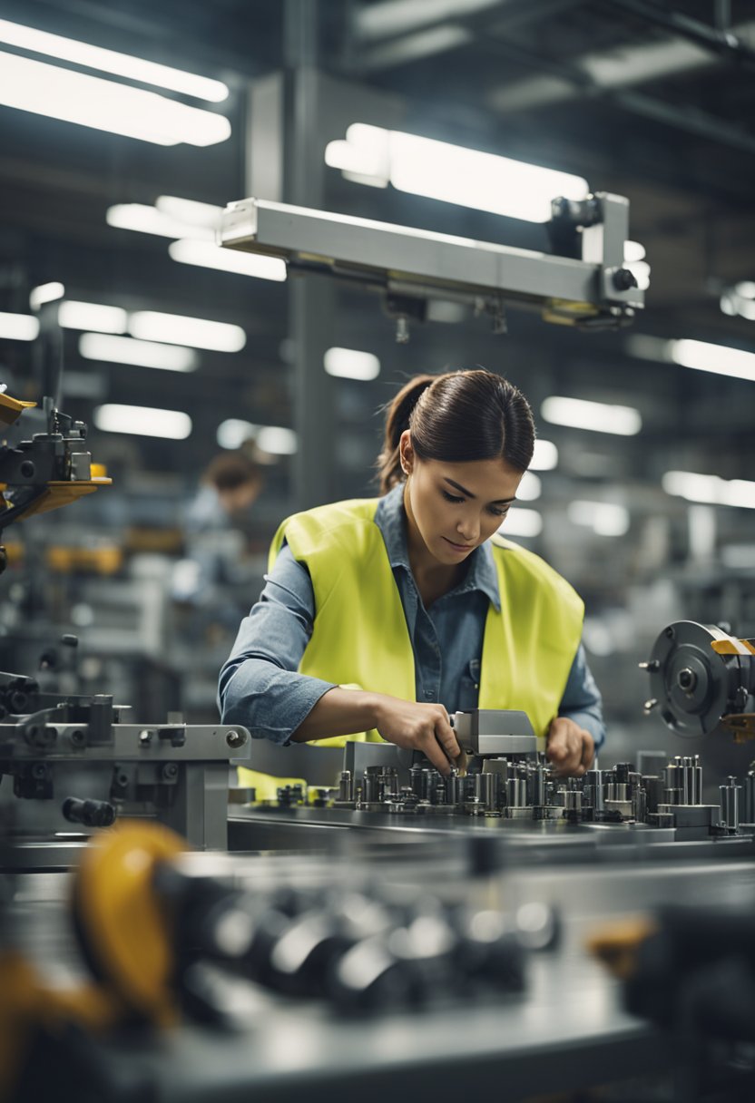 A determined woman works on an assembly line, surrounded by machinery and tools, with a sense of strength and empowerment