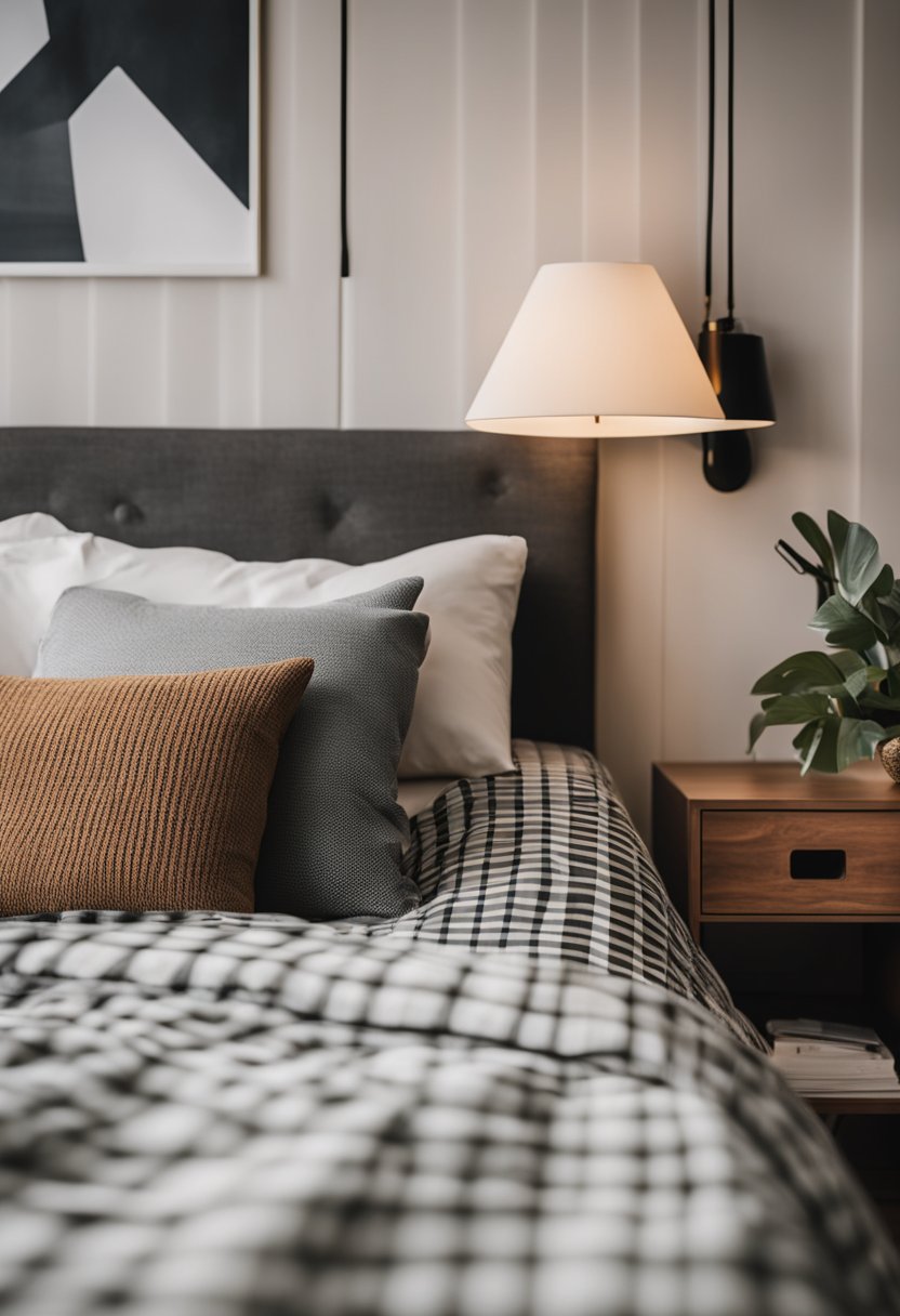 A neatly made bed with cozy flannel bedding in a warm, inviting bedroom