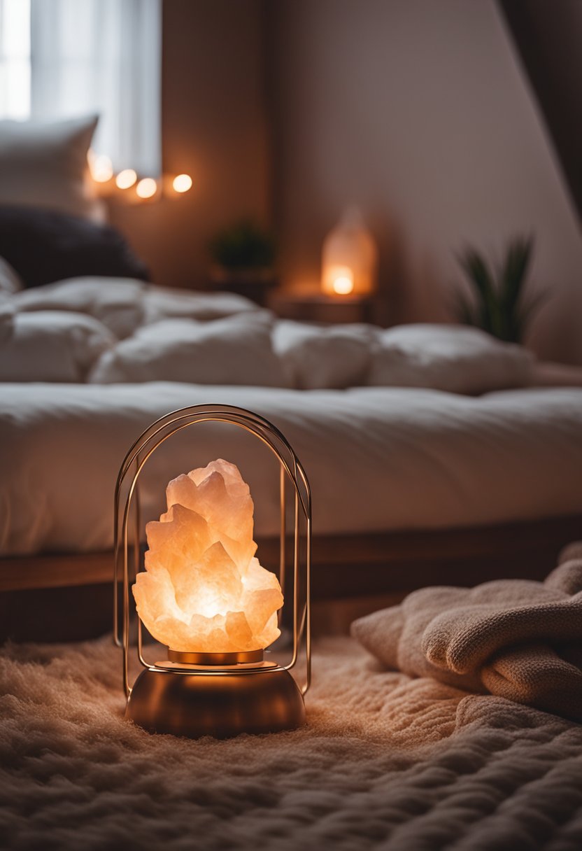 A cozy bedroom with a Himalayan salt lamp casting a warm, soothing glow