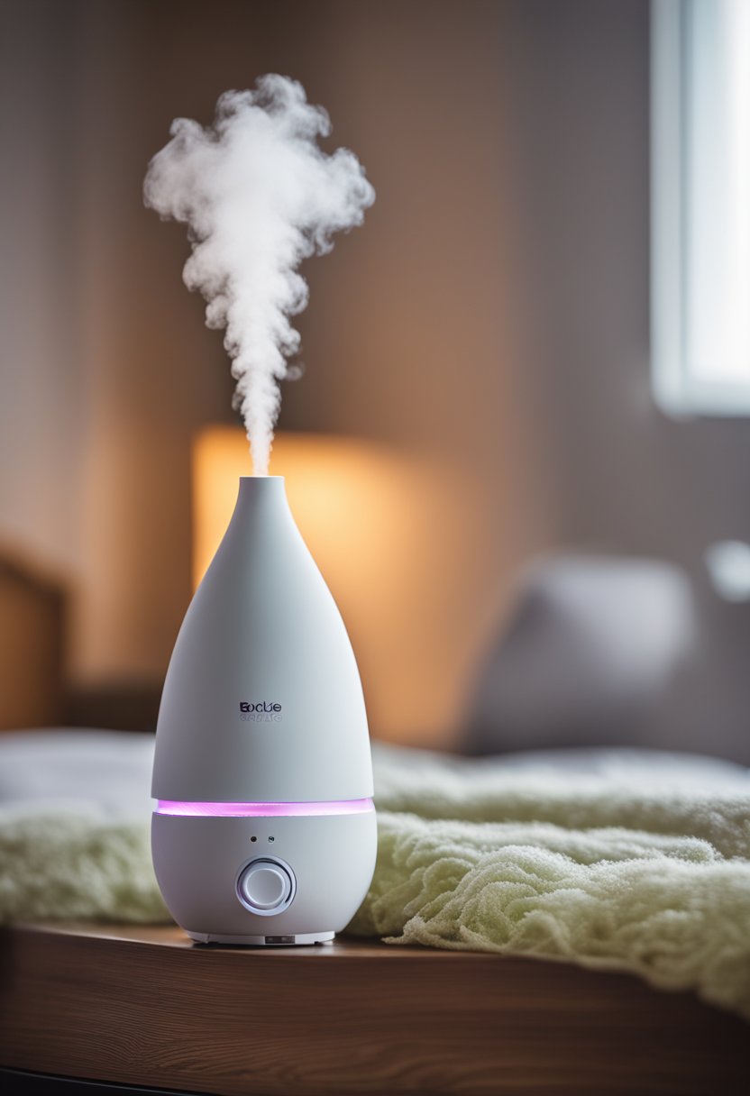 A bedroom with an essential oil diffuser emitting fragrant mist, creating a soothing and relaxing atmosphere