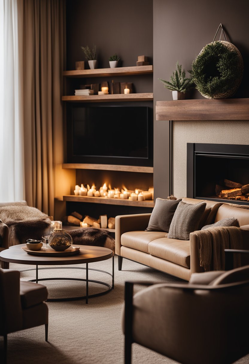 A cozy living room with warm earthy tones, plush furniture, and soft, ambient lighting. A crackling fireplace adds a touch of comfort and warmth to the space