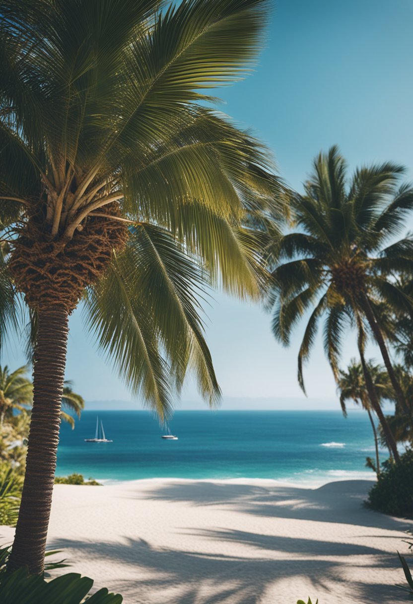 A serene coastal scene with a bright blue house nestled among palm trees, overlooking the sparkling ocean