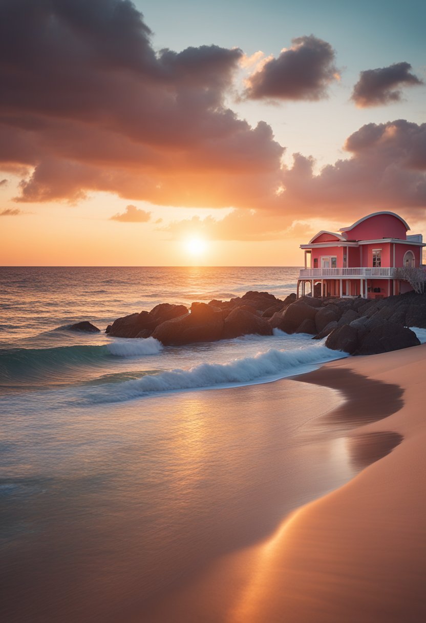 A tranquil beach scene with a vibrant coral-colored house set against a beautiful sunset sky