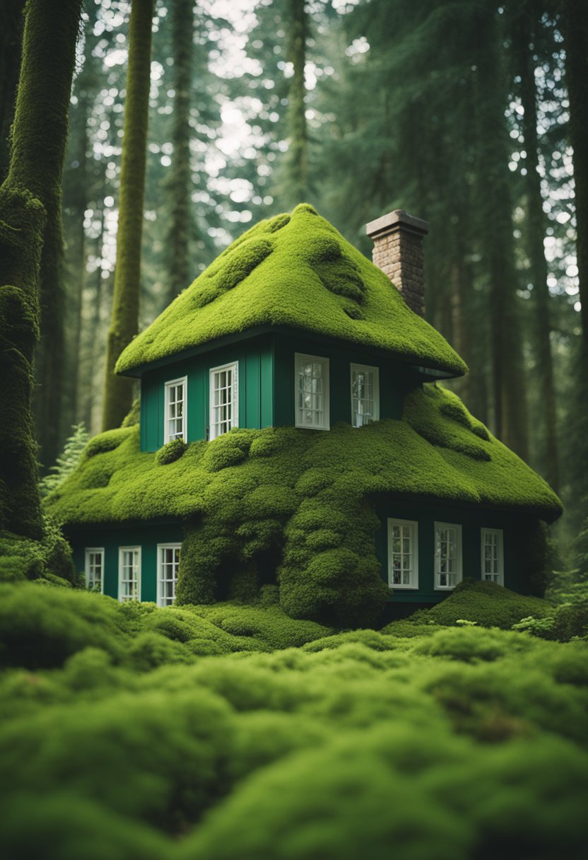 A cozy moss green house nestled in a lush forest clearing, surrounded by tall trees and a carpet of vibrant green moss